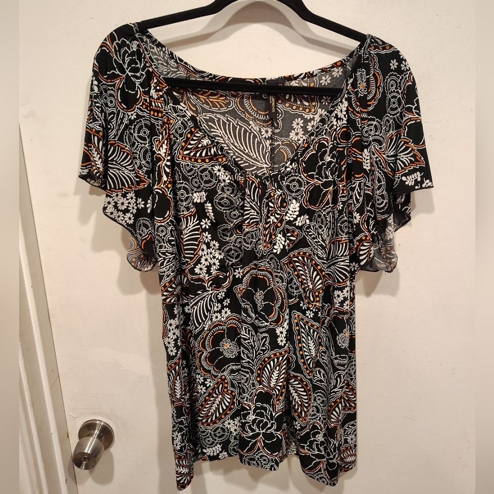 Susan Lawrence Women's Black & Orange Slinky Babydoll Short Sleeve Top 2X- Y2K